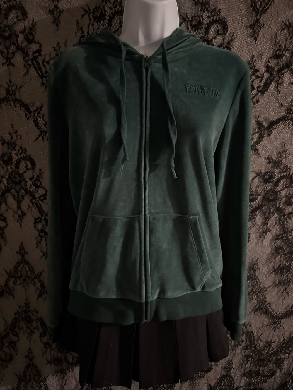 PINK Victoria's Secret Women's Dark Green Velour Zip Hoodie